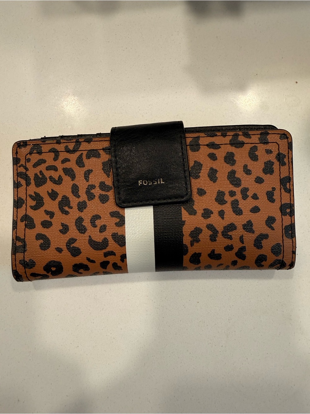 Fossil Leopard-Print Wallet with Black & White Stripe